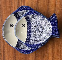 A picture of a Polish Pottery Small Fish Platter (Peacock Dot) | S014U-54K as shown at PolishPotteryOutlet.com/products/small-fish-platter-peacock-dot-s014u-54k