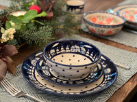 A picture of a Polish Pottery 8.5" Salad Plate (Winter's Eve) | T134S-IBZ as shown at PolishPotteryOutlet.com/products/8-5-round-salad-plate-winters-eve-t134s-ibz