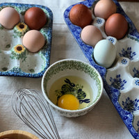 A picture of a Polish Pottery 13.25" x 5" Egg Carton (Lone Owl) | AC28-U4872 as shown at PolishPotteryOutlet.com/products/13-25-x-5-egg-carton-lone-owl-ac28-u4872