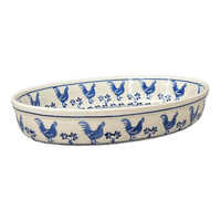 A picture of a Polish Pottery Zaklady 12.25" Oval Baker (Rooster Blues) | Y350A-D1149 as shown at PolishPotteryOutlet.com/products/12-25-oval-baker-rooster-blues-y350a-d1149