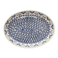 A picture of a Polish Pottery Zaklady 12.25" Oval Baker (Rooster Blues) | Y350A-D1149 as shown at PolishPotteryOutlet.com/products/12-25-oval-baker-rooster-blues-y350a-d1149