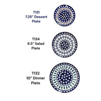 A picture of a Polish Pottery 7.25" Dessert Plate (Peacock in Line) | T131T-54A as shown at PolishPotteryOutlet.com/products/725-dessert-plate-peacock-in-line