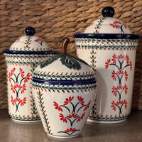 A picture of a Polish Pottery Container, 2 Liter in "Scarlet Stitch" by Zaklady | Y1244-A1158A as shown at PolishPotteryOutlet.com/products/2-liter-container-scarlet-stitch-y1244-a1158a