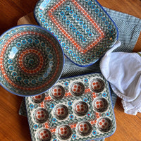 A picture of a Polish Pottery Tray, Serving, 8" x 11" in "Teal Pompons" by Andy | NDA154-62 as shown at PolishPotteryOutlet.com/products/8-x-11-serving-tray-teal-pompons-nda154-63