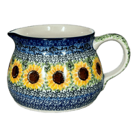 A picture of a Polish Pottery C.A. 30 oz. Pitcher (Sunflowers) | A008-U4739 as shown at PolishPotteryOutlet.com/products/30-oz-wide-mouth-pitcher-sunflowers-a008-u4739