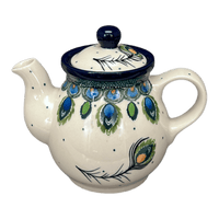 A picture of a Polish Pottery CA 10 oz. Individual Teapot (Peacock Plume) | A020-2218X as shown at PolishPotteryOutlet.com/products/10-oz-individual-teapot-peacock-plume-a020-2218x