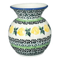 A picture of a Polish Pottery Vase, Tall, 4" in "Lemons and Leaves" by Ceramika Artystyczna | A048-2749X as shown at PolishPotteryOutlet.com/products/c-a-4-tall-vase-lemons-and-leaves-a048-2749x