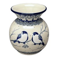 A picture of a Polish Pottery C.A. 4" Tall Vase (Bullfinch on Blue) | A048-U4830 as shown at PolishPotteryOutlet.com/products/4-tall-vase-bullfinch-on-blue-a048-u4830