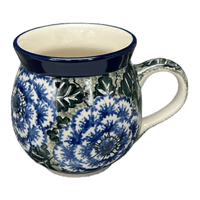 A picture of a Polish Pottery C.A. 12 oz. Belly Mug (Blue Dahlia) | A070-U1473 as shown at PolishPotteryOutlet.com/products/12-oz-belly-mug-blue-dahlia-a070-u1473
