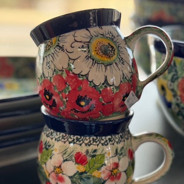 Mug, Belly Mug, 12 oz Medium in "Regal Daisies - Red" by Ceramika Artystyczna | A070-U4725