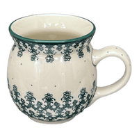 A picture of a Polish Pottery C.A. 16 oz. Belly Mug (Green Lace) | A073-1149Q as shown at PolishPotteryOutlet.com/products/large-belly-mug-green-lace-a073-1149q