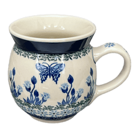 A picture of a Polish Pottery C.A. 16 oz. Belly Mug (Butterfly Tulips) | A073-1937X as shown at PolishPotteryOutlet.com/products/large-belly-mug-butterfly-tulips-a073-1937x