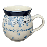A picture of a Polish Pottery CA 16 oz. Belly Mug (Pansy Blues) | A073-2346X as shown at PolishPotteryOutlet.com/products/large-belly-mug-pansy-blues-a073-2346x