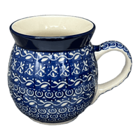 A picture of a Polish Pottery CA 16 oz. Belly Mug (Wavy Blues) | A073-905X as shown at PolishPotteryOutlet.com/products/large-belly-mug-wavy-blues-a073-905x