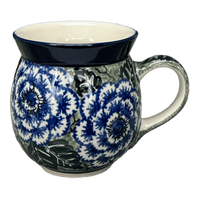 A picture of a Polish Pottery CA 16 oz. Belly Mug (Blue Dahlia) | A073-U1473 as shown at PolishPotteryOutlet.com/products/large-belly-mug-blue-dahlia-a073-u1473