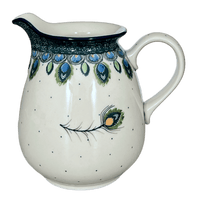 A picture of a Polish Pottery CA 32 oz. Pitcher (Peacock Plume) | A078-2218X as shown at PolishPotteryOutlet.com/products/32-oz-pitcher-peacock-plume-a078-2218x