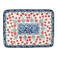 A picture of a Polish Pottery Tray, 9.5" x 7" in "Red Aster" by Ceramika Artystyczna | A111-1435X as shown at PolishPotteryOutlet.com/products/9-5-x-7-tray-red-aster-a111-1435x