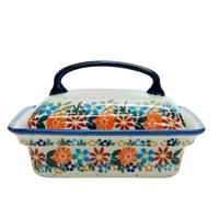 A picture of a Polish Pottery 5.5" x 4.75" Butter Dish (Bright Bouquet) | NDA14-A55 as shown at PolishPotteryOutlet.com/products/5-5-x-4-75-butter-dish-bright-bouquet-nda14-a55