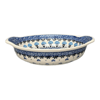 A picture of a Polish Pottery CA Small Round Casserole (Blue Fan Dance) | A142-1981X as shown at PolishPotteryOutlet.com/products/small-round-casserole-blue-fan-dance-a142-1981x