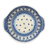 A picture of a Polish Pottery CA Small Round Casserole (Blue Fan Dance) | A142-1981X as shown at PolishPotteryOutlet.com/products/small-round-casserole-blue-fan-dance-a142-1981x