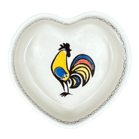 A picture of a Polish Pottery C.A. Heart Box (Regal Roosters) | A143-U2617 as shown at PolishPotteryOutlet.com/products/4-5-heart-box-regal-roosters-a143-u2617