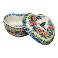 A picture of a Polish Pottery C.A. Heart Box (Hummingbird Bouquet) | A143-U3357 as shown at PolishPotteryOutlet.com/products/4-5-heart-box-hummingbird-bouquet-a143-u3357
