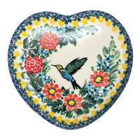 A picture of a Polish Pottery C.A. Heart Box (Hummingbird Bouquet) | A143-U3357 as shown at PolishPotteryOutlet.com/products/4-5-heart-box-hummingbird-bouquet-a143-u3357