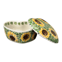 A picture of a Polish Pottery CA Heart Box (Sunflower Fields) | A143-U4737 as shown at PolishPotteryOutlet.com/products/heart-box-sunflower-fields-a143-u4737