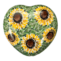 A picture of a Polish Pottery C.A. Heart Box (Sunflower Fields) | A143-U4737 as shown at PolishPotteryOutlet.com/products/heart-box-sunflower-fields-a143-u4737