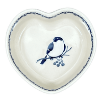 A picture of a Polish Pottery CA Heart Box (Bullfinch on Blue) | A143-U4830 as shown at PolishPotteryOutlet.com/products/4-5-heart-box-bullfinch-on-blue-a143-u4830