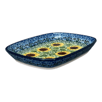 A picture of a Polish Pottery CA 5.75" x 7" Shallow Dish (Sunflowers) | A160-U4739 as shown at PolishPotteryOutlet.com/products/5-75-x-7-shallow-dish-sunflowers-a160-u4739