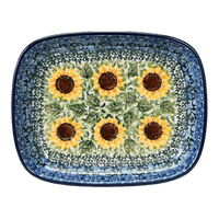 A picture of a Polish Pottery CA 5.75" x 7" Shallow Dish (Sunflowers) | A160-U4739 as shown at PolishPotteryOutlet.com/products/5-75-x-7-shallow-dish-sunflowers-a160-u4739