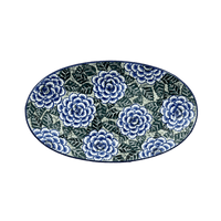 A picture of a Polish Pottery CA 14.75" x 8.5" Oval Platter (Blue Dahlia) | A205-U1473 as shown at PolishPotteryOutlet.com/products/14-75-x-8-5-oval-platter-blue-dahlia-a205-u1473