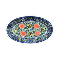 A picture of a Polish Pottery C.A. 14.75" x 8.5" Oval Platter (Regal Roosters) | A205-U2617 as shown at PolishPotteryOutlet.com/products/c-a-14-75-x-8-5-oval-platter-regal-roosters-a205-u2617
