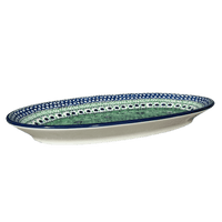 A picture of a Polish Pottery CA 14.75" x 8.5" Oval Platter (Green Goddess) | A205-U408A as shown at PolishPotteryOutlet.com/products/14-75-x-8-5-oval-platter-green-goddess-a205-u408a