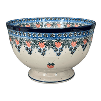 A picture of a Polish Pottery Bowl, Round, Deep, Pedestal, 10" in "Strawberry Patch" by Ceramika Artystyczna | A215-721X as shown at PolishPotteryOutlet.com/products/deep-10-pedestal-bowl-strawberry-patch-a215-721x