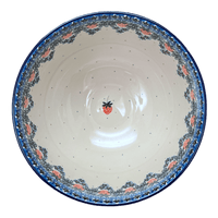 A picture of a Polish Pottery Bowl, Round, Deep, Pedestal, 10" in "Strawberry Patch" by Ceramika Artystyczna | A215-721X as shown at PolishPotteryOutlet.com/products/deep-10-pedestal-bowl-strawberry-patch-a215-721x