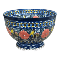 A picture of a Polish Pottery C.A. Deep 10" Pedestal Bowl (Regal Roosters) | A215-U2617 as shown at PolishPotteryOutlet.com/products/deep-10-pedestal-bowl-regal-roosters-a215-u2617