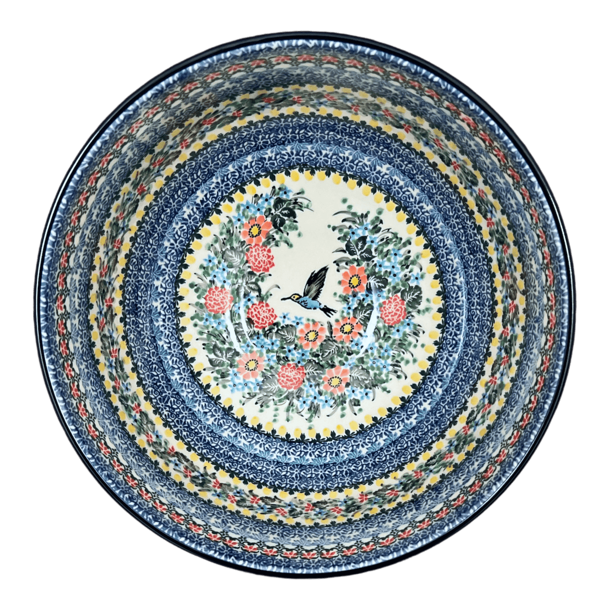 Bowl, Round, Deep, Pedestal, 10" in "Hummingbird Bouquet" by Ceramika Artystyczna | A215-U3357