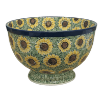 A picture of a Polish Pottery C.A. Deep 10" Pedestal Bowl (Sunflower Field) | A215-U4737 as shown at PolishPotteryOutlet.com/products/deep-10-pedestal-bowl-sunflower-field-a215-u4737