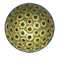A picture of a Polish Pottery C.A. Deep 10" Pedestal Bowl (Sunflower Field) | A215-U4737 as shown at PolishPotteryOutlet.com/products/deep-10-pedestal-bowl-sunflower-field-a215-u4737