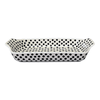 A picture of a Polish Pottery CA Shallow Rectangular Baker (Dalmatian) | A280-2308 as shown at PolishPotteryOutlet.com/products/shallow-rectangular-baker-w-handles-dalmatian-a280-2308