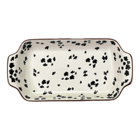 A picture of a Polish Pottery CA Shallow Rectangular Baker (Cowabunga) | A280-2416V as shown at PolishPotteryOutlet.com/products/shallow-rectangular-baker-w-handles-cowabunga-a280-2416v