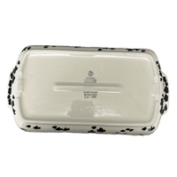 A picture of a Polish Pottery CA Shallow Rectangular Baker (Cowabunga) | A280-2416V as shown at PolishPotteryOutlet.com/products/shallow-rectangular-baker-w-handles-cowabunga-a280-2416v