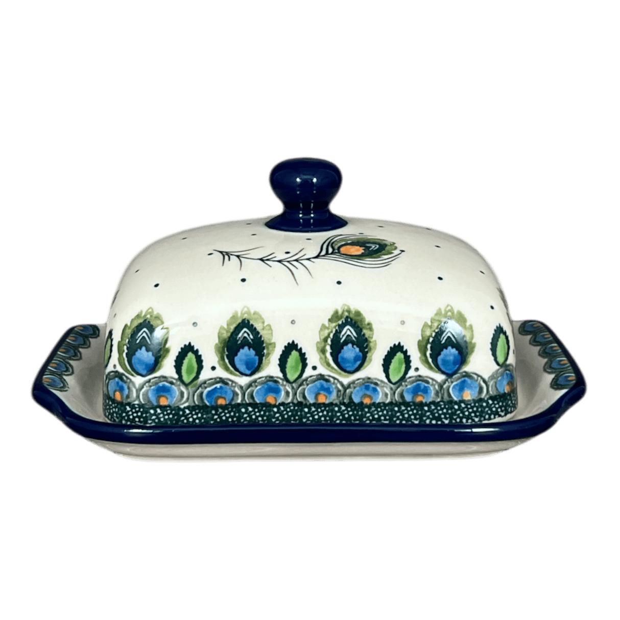 Butter Dish, 7" x 5.5" in "Peacock Plume" by Ceramika Artystyczna | A295-2218X