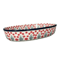 A picture of a Polish Pottery CA 13.75" x 9.25" Oval Baker (Red Aster) | A296-1435X as shown at PolishPotteryOutlet.com/products/13-75-x-9-25-oval-baker-red-aster-a296-1435x