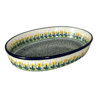 A picture of a Polish Pottery CA 13.75" x 9.25" Oval Baker (Daffodils in Bloom) | A296-2122X as shown at PolishPotteryOutlet.com/products/13-75-x-9-25-oval-baker-daffodils-in-bloom-a296-2122x
