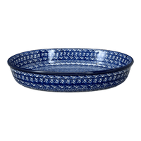 A picture of a Polish Pottery CA 13.75" x 9.25" Oval Baker (Wavy Blues) | A296-905X as shown at PolishPotteryOutlet.com/products/13-75-x-9-25-oval-baker-wavy-blues-a296-905x
