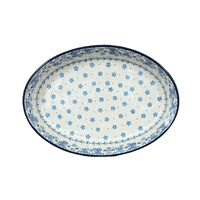 A picture of a Polish Pottery CA 12" x 8.5" Oval Baker (Pansy Blues) | A297-2346X as shown at PolishPotteryOutlet.com/products/12-x-8-5-oval-baker-pansy-blues-a297-2346x