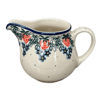 A picture of a Polish Pottery Creamer, 10 oz in "Strawberry Patch" by Ceramika Artystyczna | A341-721X as shown at PolishPotteryOutlet.com/products/10-oz-creamer-strawberry-patch-a341-721x